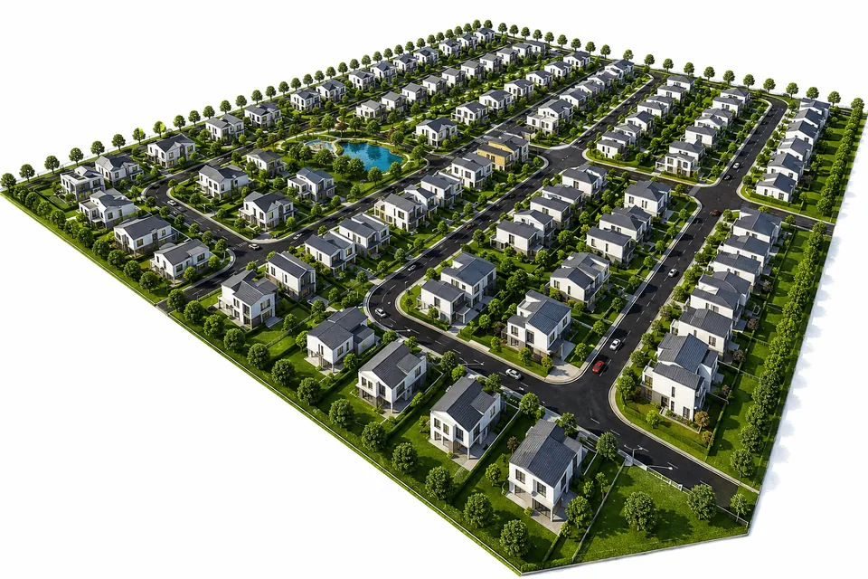 Rendering of a planned SteelHaven community of system-built homes, from above