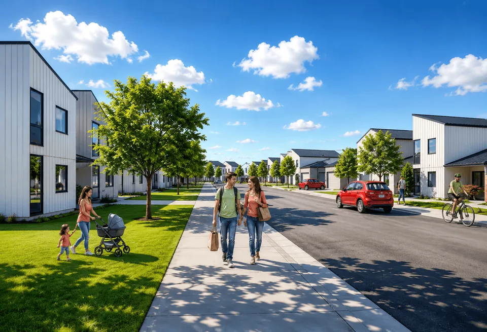 Rendering of a SteelHaven neighborhood street with families walking