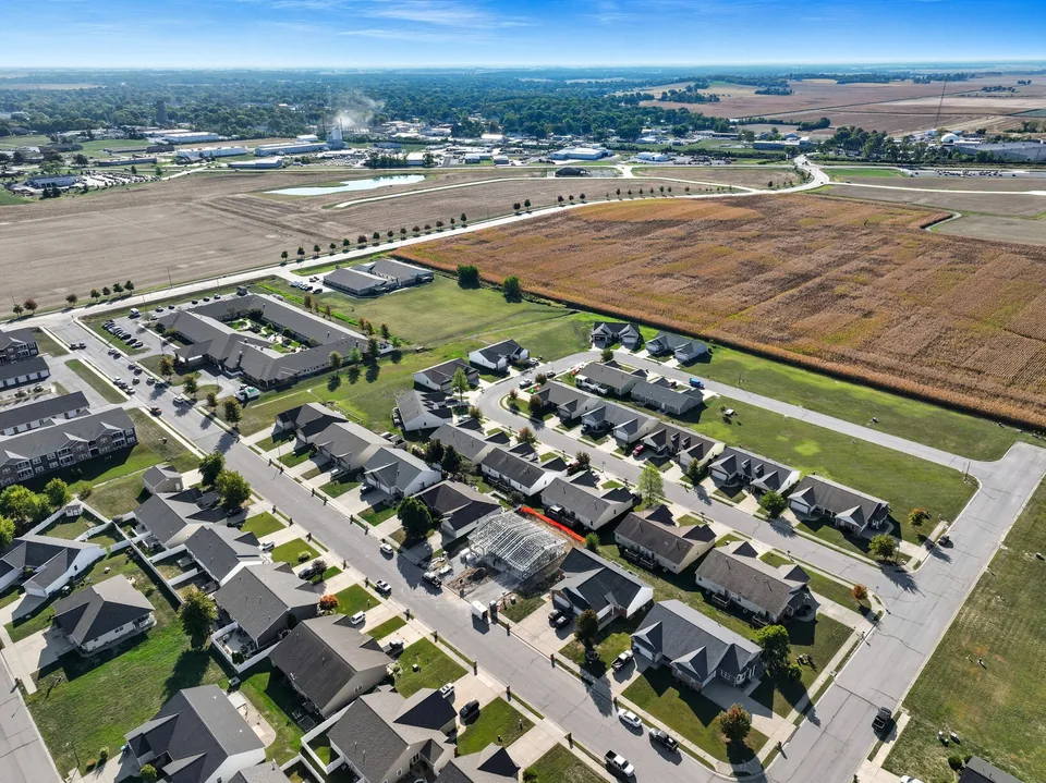 Wide aerial view of The Duo's neighborhood and the farmland around Highland, Illinois