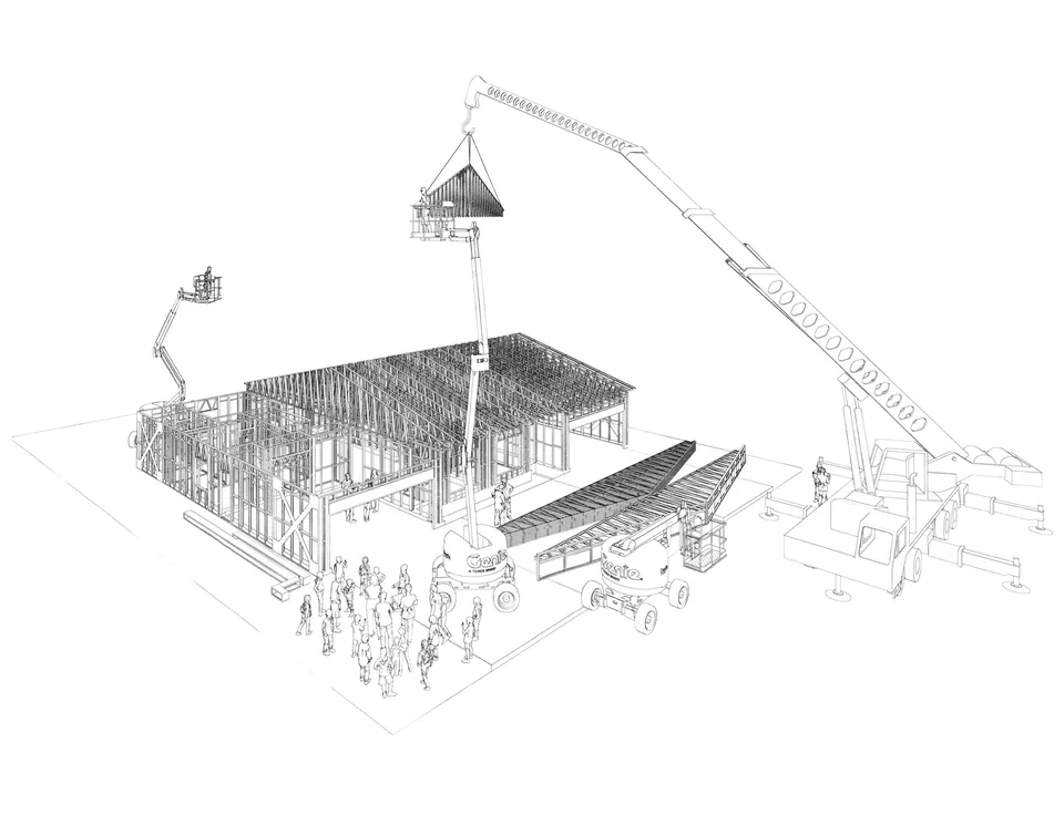 Sketch of SteelHaven steel panels being lifted into place by crane